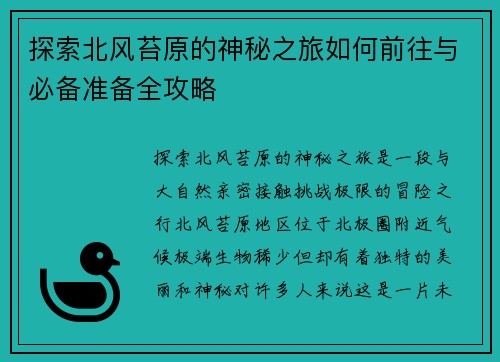 探索北风苔原的神秘之旅如何前往与必备准备全攻略